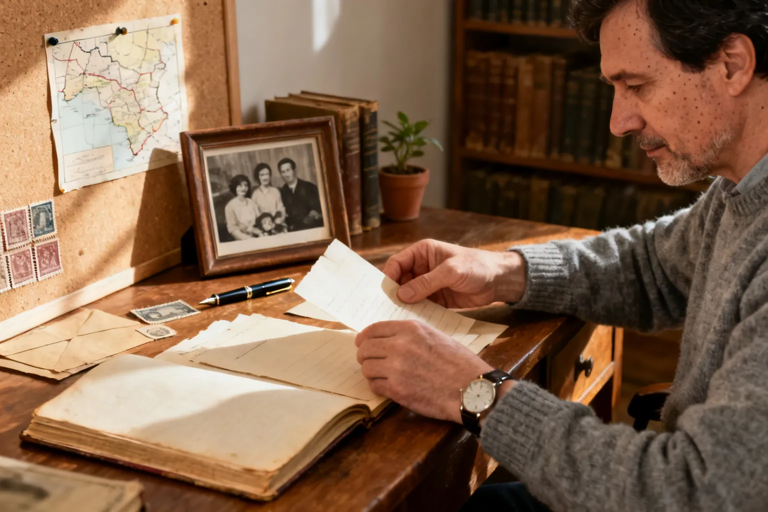 Mężczyzna przy biurku układa archiwalne kartki i zdjęcie rodzinne w kąciku do badań lokalnej historii.