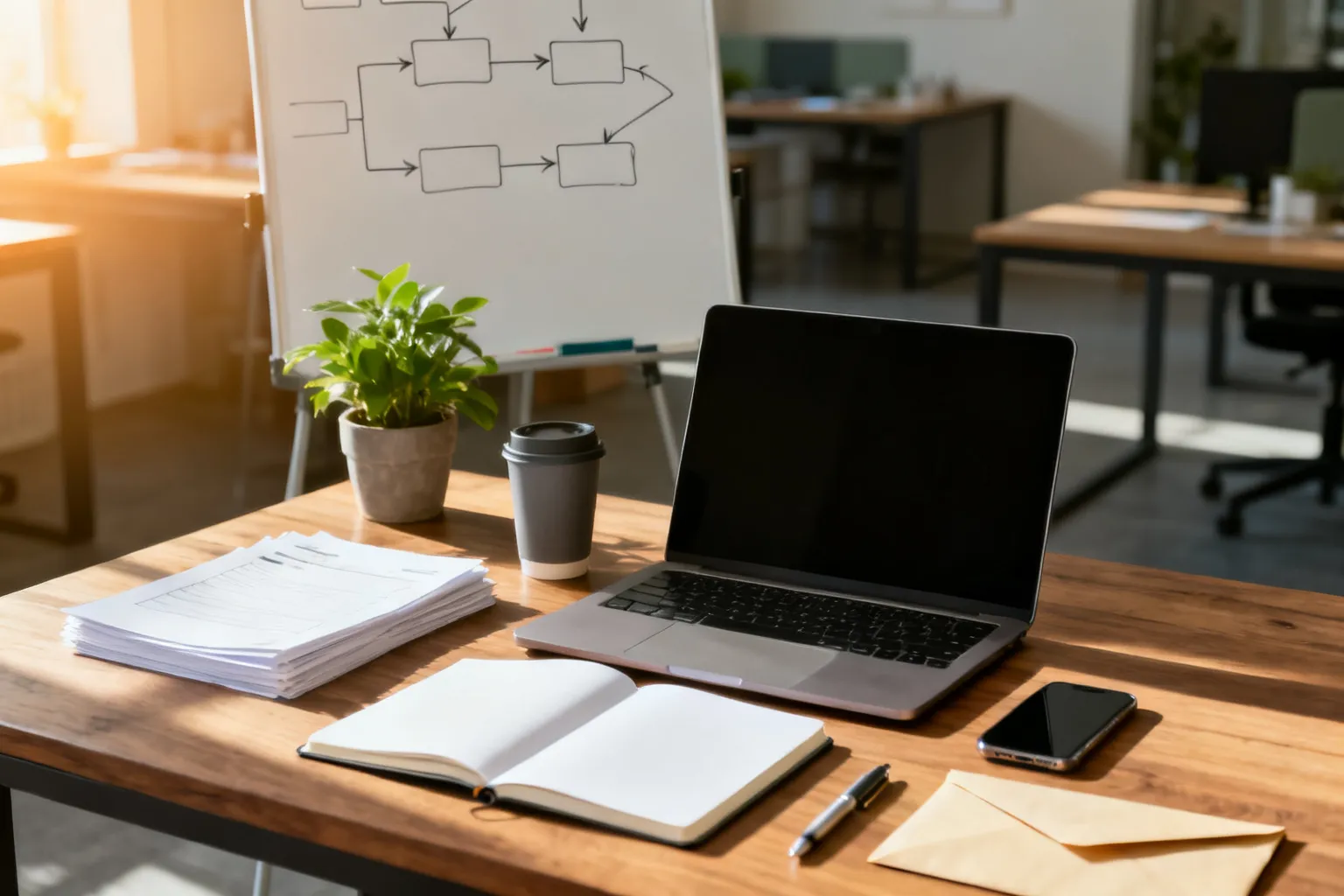Poręczne biurko w białostockim coworkingu z laptopem, notesem, kubkiem i kopertą — scena sugeruje przygotowania do zakładania startupu.