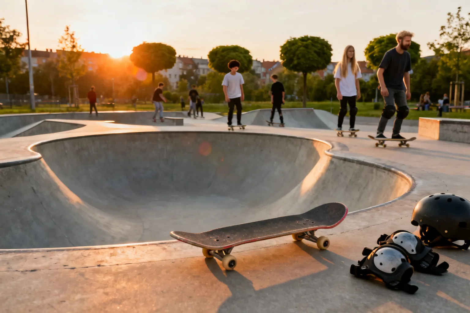 Pusty betonowy skatepark o zachodzie słońca, deskorolka i kask na pierwszym planie, w tle młodzi ludzie ćwiczą triki.