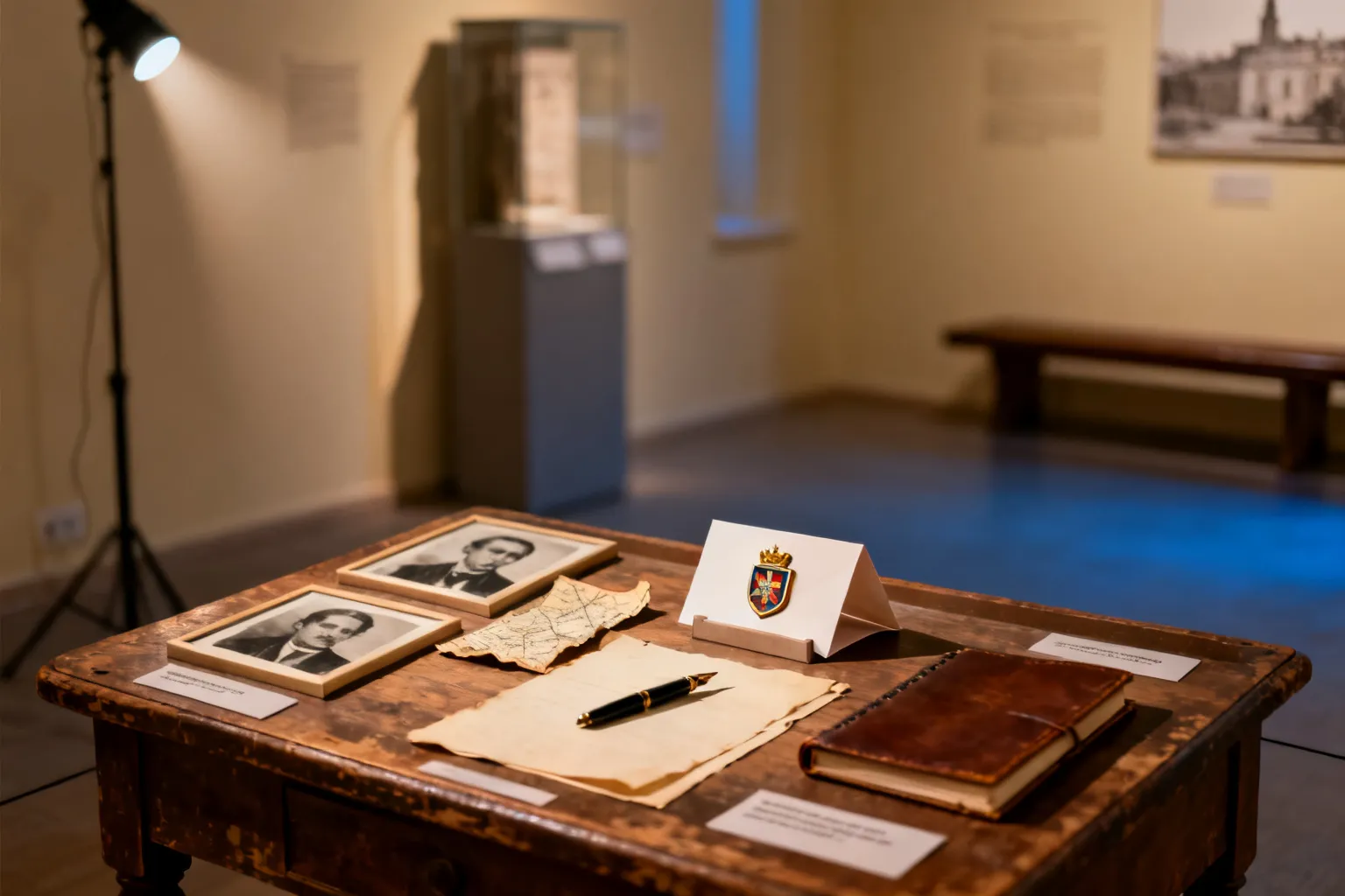 Stolik-muzeum z archiwalnymi zdjęciami, mapą, piórem i notesem, symboliczna karta z małym herbem — upamiętnienie ważnych postaci Białegostoku.